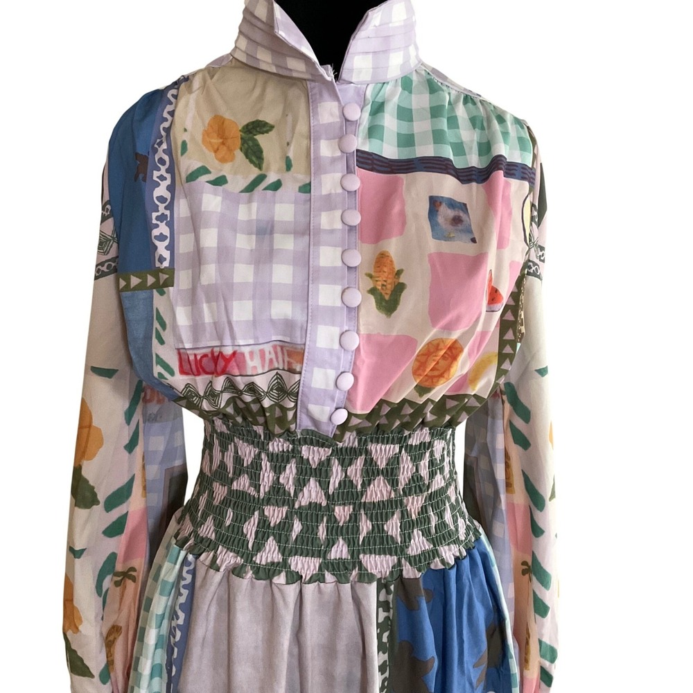 Women's Multi-Color Patchwork Maxi Dress - Long Sleeve - Picture 9 of 16